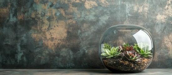 Fototapete - Succulent terrarium in a glass container on a textured background with copy space for text placement