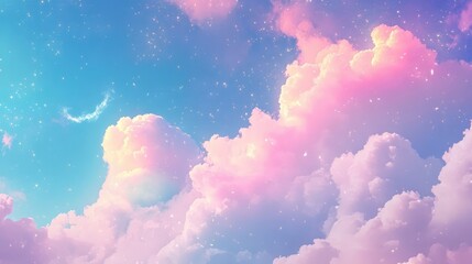 Fototapete - Colorful pastel sky with fluffy clouds and a starry background featuring gradients of blue, pink, and purple Copy Space