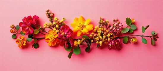 Aufkleber - Colorful floral arrangement on pink background with copy space for text. Bright flowers and greenery composition.