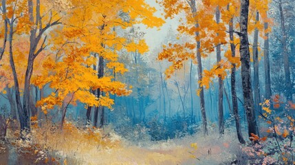 Poster - Autumn landscape with vibrant yellow leaves in a misty forest with soft blue hues and Copy Space for text placement