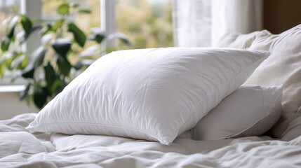 Aufkleber - White pillow on a neatly made bed with soft bedding, natural light streaming through window, green plant in background, Copy Space