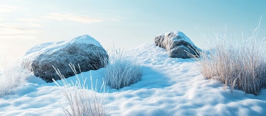 Aufkleber - Winter landscape with snow-covered rocks and frosty grass under a clear blue sky Copy Space