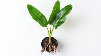 Leinwandbilder - Potted plant with large green leaves and visible roots on white background with Copy Space