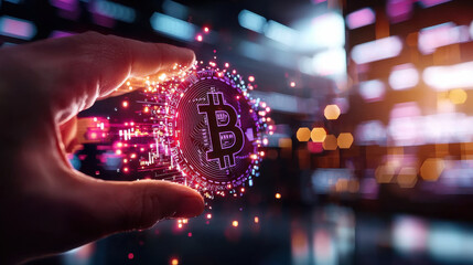 Fototapete - hand holding digital Bitcoin surrounded by colorful particles and lights, symbolizing advanced technology and cryptocurrency innovation