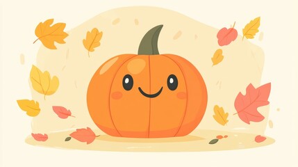 Aufkleber - Cute cartoon pumpkin character surrounded by falling autumn leaves on a light background with Copy Space for text