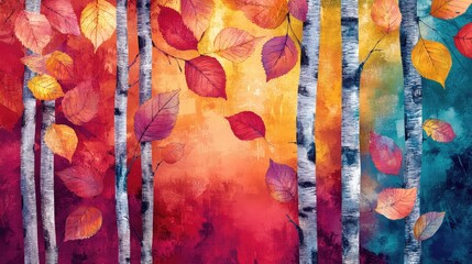 Aufkleber - Autumn foliage with colorful leaves and birch trees in a vibrant forest setting with orange and blue tones Copy Space