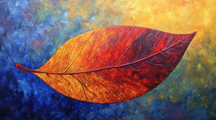 Poster - Colorful abstract painting of a large leaf in vibrant warm shades of orange and red against a blue and yellow background with Copy Space.