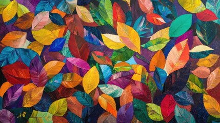 Aufkleber - Colorful abstract artwork featuring a variety of leaves in multiple hues on a dark background with Copy Space for text placement.