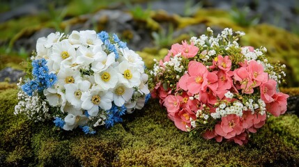 Wall Mural - colorful floral arrangements of white, blue, and pink flowers on mossy ground with copy space for te