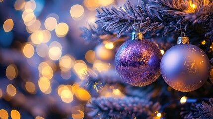 Poster - Christmas tree with purple and silver baubles against a blurred background of warm holiday lights Copy Space