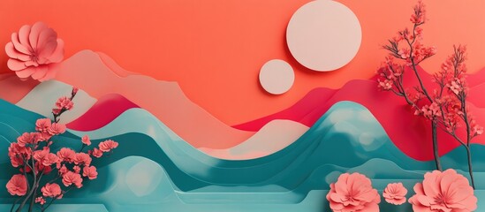Aufkleber - Colorful paper landscape with abstract mountains, circles, and pink floral elements, featuring ample copy space for text.