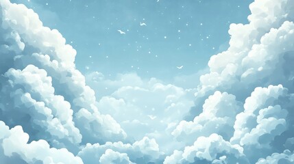 Aufkleber - Cloudy sky with light blue background and soft white clouds; birds flying in the distance; Copy Space available.