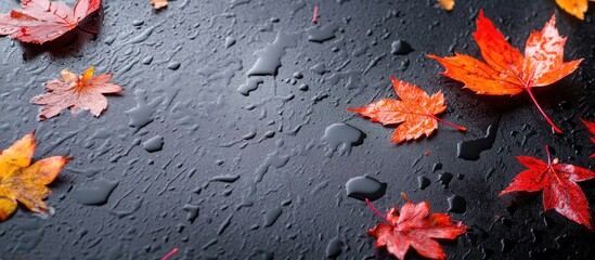 Poster - Autumn leaves on wet dark surface with water droplets and copy space for text