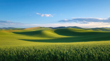 Aufkleber - Rolling green hills under blue sky with wispy clouds showcasing lush farmland Copy Space