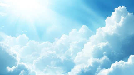 Aufkleber - Blue sky with fluffy white clouds illuminated by sunlight and soft rays Copy Space