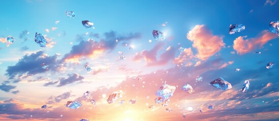 Poster - Colorful sunset sky with scattered crystal-like shapes and clouds, shimmering light reflections and copy space for text.