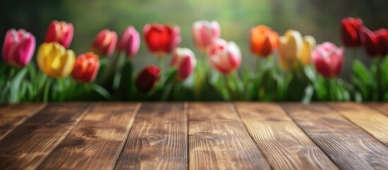 Poster - Wooden Table with Colorful Tulips and Blurred Background, Copy Space for Text