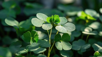 Fototapete - Green clover leaves in natural setting with sunlight highlighting textures Copy Space