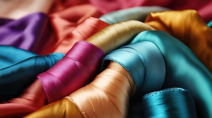 Leinwandbilder - Colorful silk fabrics arranged together with a focus on texture and sheen Copy Space