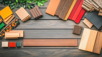 Poster - Colorful Wood and Material Samples Arranged on Wooden Table with Greenery Copy Space