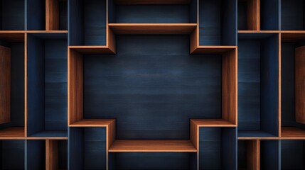 Leinwandbilder - Dark wooden shelves with empty spaces on a blue background, ideal for displaying objects, Copy Space available.