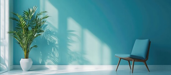 Poster - Modern interior design with teal wall, minimalist chair, and indoor plant in bright sunlight, featuring ample Copy Space for text placement.