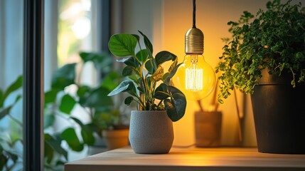 Leinwandbilder - Modern indoor scene with decorative plants and a vintage light bulb illuminating a cozy space Copy Space