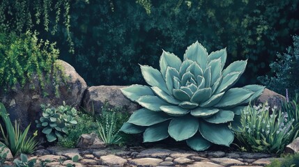 Fototapete - Large succulent plant surrounded by various greenery and rocks in a garden setting with Copy Space for text placement.