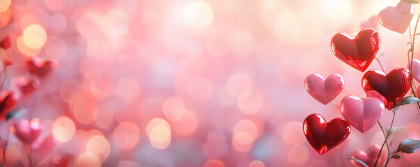 Wall Mural - Shimmering hearts in shades of red and pink create romantic atmosphere, perfect for Valentine Day celebrations. soft bokeh background enhances dreamy feel