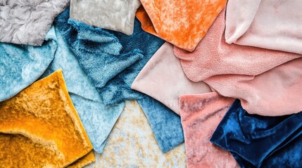 Aufkleber - Colorful assortment of textured fabric samples in various shades and patterns with copy space for text.