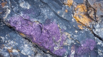 Leinwandbilder - Colorful mineral deposits on rocky surface with purple and gold hues texture Copy Space