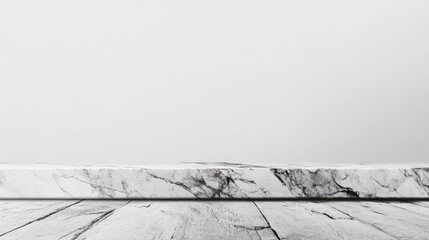 Leinwandbilder - White marble countertop on a wooden floor with blank wall background Copy Space for product placement or text insertion