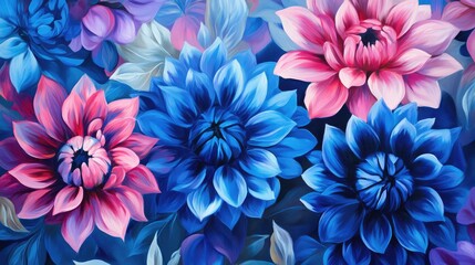 Aufkleber - Vibrant blue and pink floral pattern with large blossoms and green leaves on a blue background Copy Space