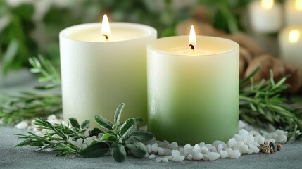 Aufkleber - Two lit green gradient candles surrounded by fresh herbs and white stones on a soft surface with blurred background Copy Space