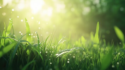 Aufkleber - Morning dew on fresh green grass blades with soft sunlight filtering through, natural bokeh background with copy space.