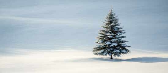 Aufkleber - Snow-covered landscape with solitary evergreen tree against a soft blue background Copy Space