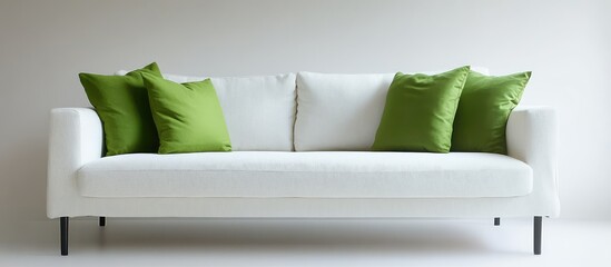 Fototapete - White modern sofa with green cushions against a plain wall and ample copy space for text placement