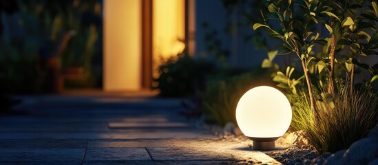 Leinwandbilder - Garden pathway illuminated by a modern spherical lamp at night with warm light glow and soft landscaping details Copy Space