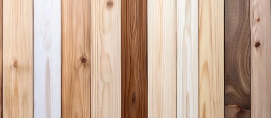 Aufkleber - Various types of wooden planks with different textures and colors arranged vertically on a flat surface Copy Space