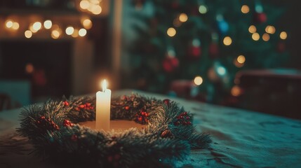 Aufkleber - Candlestick in Christmas wreath with festive bokeh background and tree decorations Copy Space