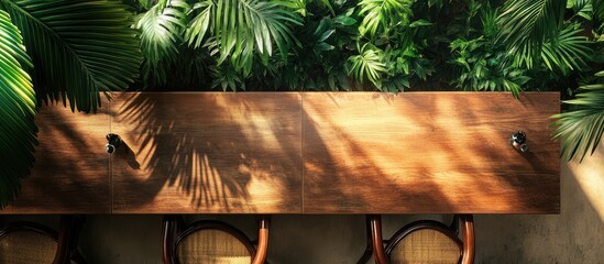 Leinwandbilder - Wooden table surrounded by lush green foliage with natural light casting shadows on the surface Copy Space