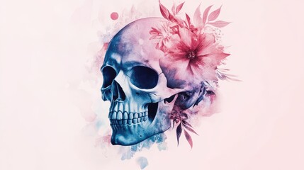 Aufkleber - Colorful skull illustration with floral elements and watercolor effect on a light background with Copy Space for text.