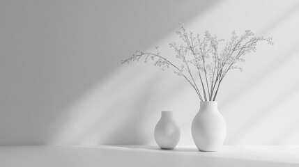 Leinwandbilder - Minimalist white vases with dry flowers on a clean surface and light shadows Copy Space