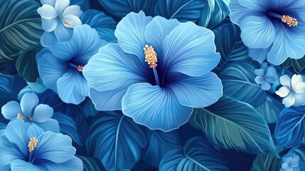 Aufkleber - Vibrant blue hibiscus flowers with lush green leaves in detailed botanical illustration Copy Space