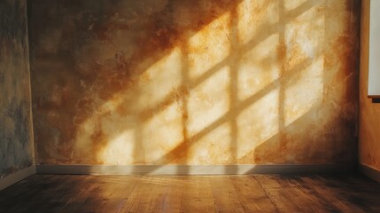 Fototapete - Sunlight casting shadows on textured wall in empty room with wooden floor and ample copy space for text