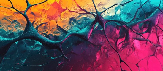 Fototapete - Abstract colorful neural network structure with vibrant orange and teal tones, featuring intertwining branches and organic shapes, Copy Space.