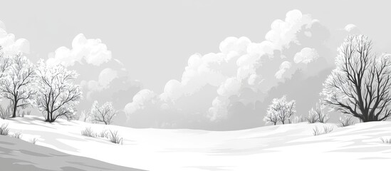 Aufkleber - Winter landscape with snow-covered ground, trees, and clouds in grayscale, featuring ample Copy Space for text placement.