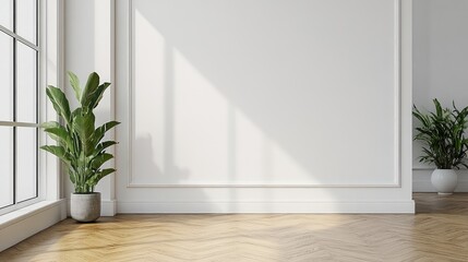 Leinwandbilder - Empty modern interior with herringbone wooden floor, large windows, decorative plants in pots, and blank white wall with copy space