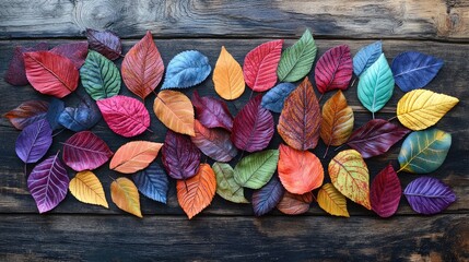 Aufkleber - Colorful autumn leaves arranged on a wooden surface with diverse textures and shapes Copy Space