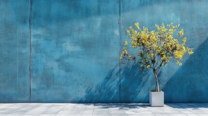 Leinwandbilder - Modern minimalist composition featuring a vibrant tree in a planter against a textured blue wall with clear Copy Space.